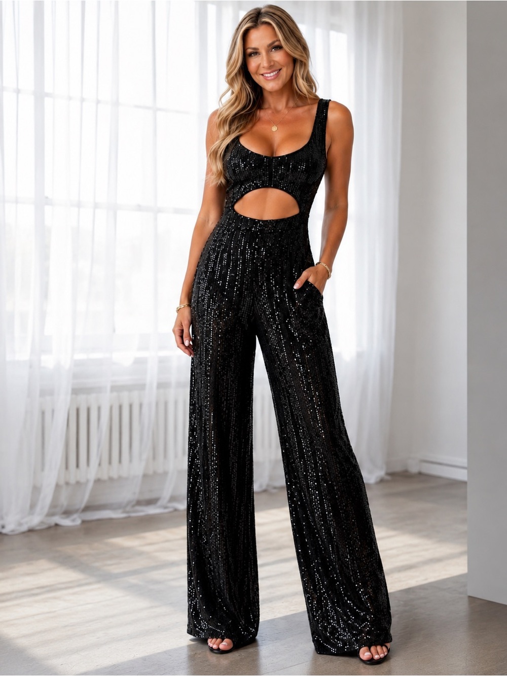 Hello Molly Black Sequin Cutout Jumpsuit